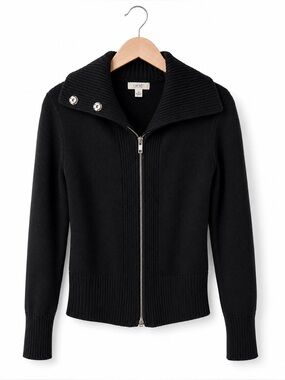 Cache Black Zip Up Cardigan Sweater Women’s Small Shawl Collar Rib Knit Classic